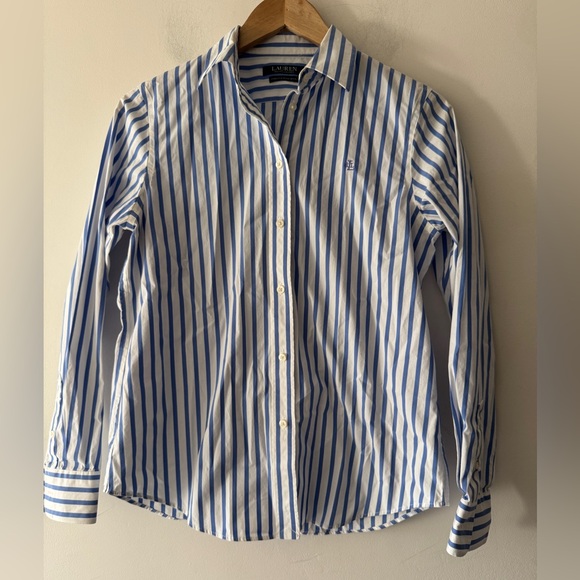 Lauren Ralph Lauren Blue Jamelko Stipe Cotton Logo Shirt Stretch Non Iron - Picture 2 of 10
